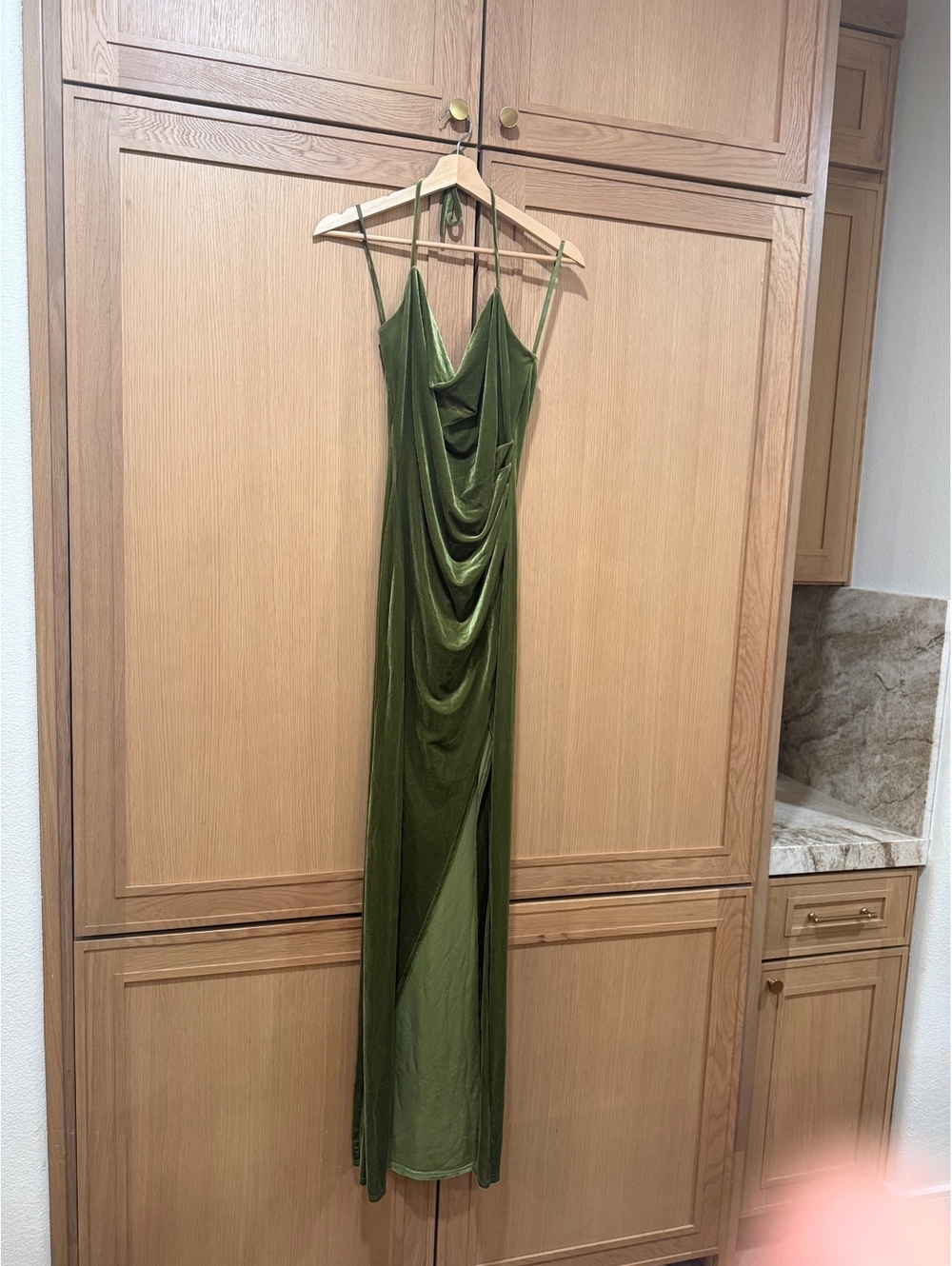 Windsor Olive Green Velvet Cowl Neck Ruched Slit Maxi Dress
